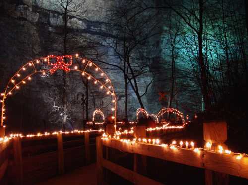 A pathway adorned with festive lights and arches, set against a rocky backdrop and illuminated trees.