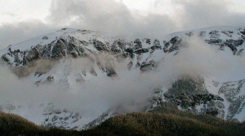 Snow-covered mountains shrouded in clouds, with a dense forest at the base.