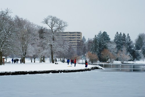 A snowy landscape with people walking and fishing by a frozen lake, surrounded by trees and a distant building.