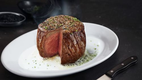 A perfectly cooked filet mignon on a white plate, garnished with herbs and served with a creamy sauce.