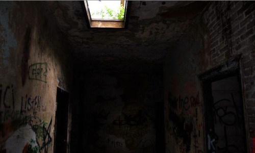A dimly lit room with peeling walls and graffiti, featuring a skylight with greenery visible above.