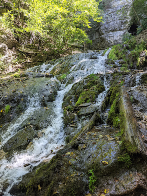 A serene waterfall cascades over mossy rocks, surrounded by lush greenery and a rocky cliff in the background.