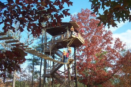A wooden treehouse with a spiral staircase, surrounded by colorful autumn trees and a clear blue sky.