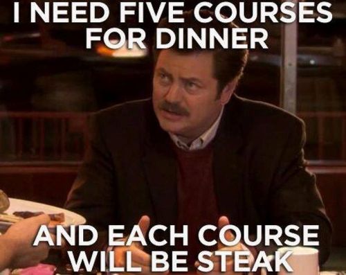 A man at a table humorously demands five steak courses for dinner. Text overlay emphasizes his request.