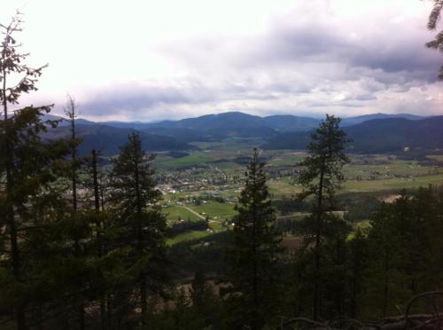 A scenic view of a valley surrounded by mountains, with trees in the foreground and a small town visible below.