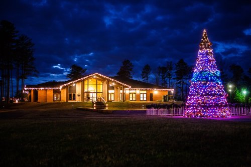 A brightly lit Christmas tree stands in front of a building adorned with festive lights against a twilight sky.