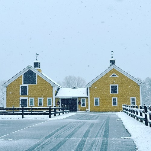 A yellow barn in a snowy landscape, with a snow-covered driveway and falling snowflakes.