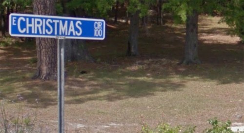 A blue street sign reading "E CHRISTMAS CIR" in a wooded area with grass and trees in the background.
