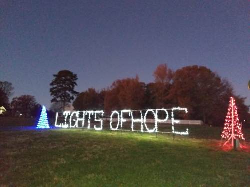 Colorful holiday lights spell out "Lights of Hope" with blue and red trees in a twilight setting.
