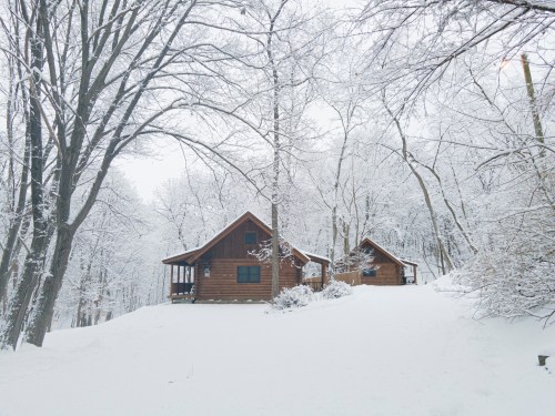 Two wooden cabins surrounded by snow-covered trees in a winter landscape.