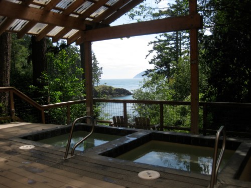 A serene view of two hot tubs on a wooden deck overlooking a tranquil lake surrounded by trees.