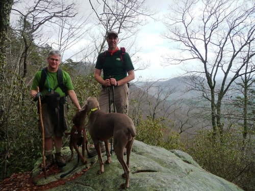 Two hikers with dogs stand on a rocky outcrop, surrounded by trees and mountains in the background.
