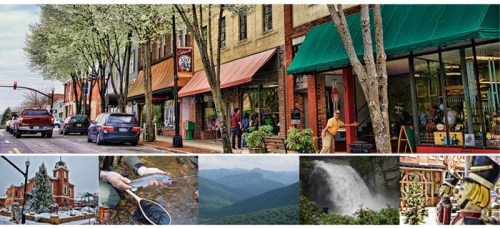 A vibrant small town scene with shops, trees, and outdoor activities like fishing and hiking in the surrounding nature.