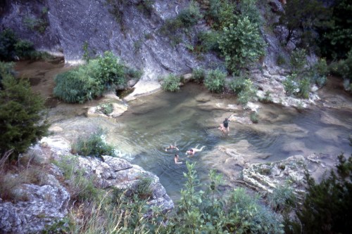 A serene river scene with people swimming among rocky banks and lush greenery.