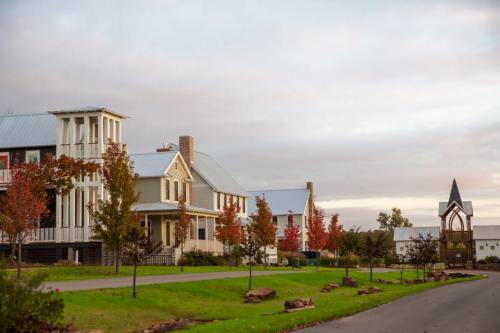 A quiet street lined with charming houses and autumn trees under a cloudy sky.