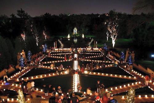A beautifully lit garden at night, featuring pathways lined with candles and decorated trees, with people enjoying the scene.
