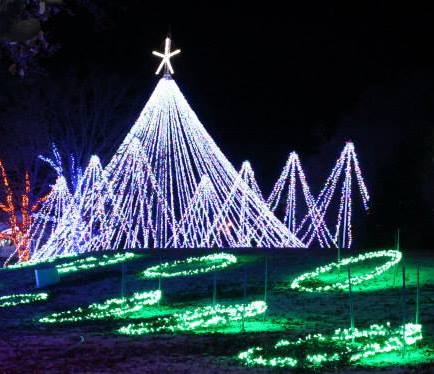 A brightly lit Christmas tree made of lights, with a star on top, surrounded by green light decorations on the ground.