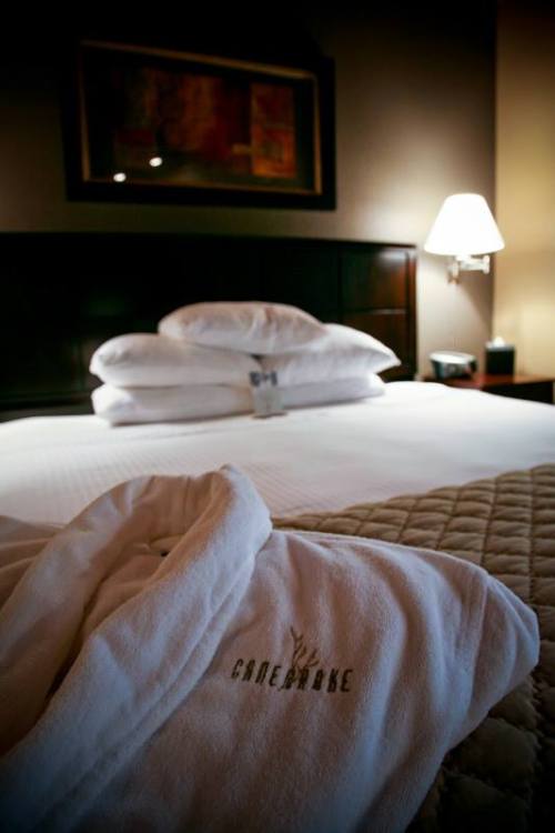 A cozy hotel room featuring a neatly made bed with pillows and a plush bathrobe in the foreground.