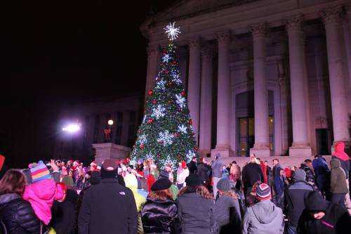 A crowd gathers around a brightly lit Christmas tree in front of a historic building at night.
