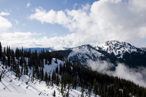 A snowy mountain landscape with evergreen trees and clouds under a blue sky.