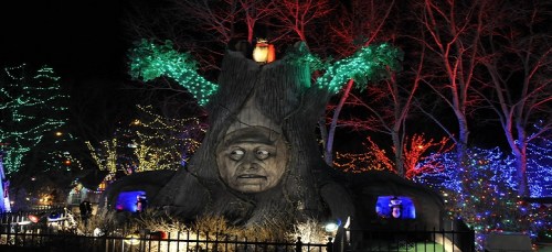 A large, carved tree stump with a face, surrounded by colorful holiday lights and trees at night.