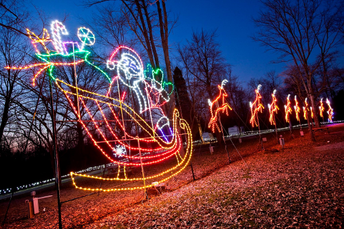 Colorful holiday lights depict Santa in a sleigh, surrounded by reindeer, against a twilight sky and bare trees.