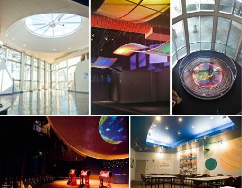 A collage of various indoor spaces featuring unique ceiling designs, colorful lighting, and interactive exhibits.