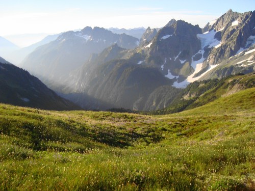 A scenic view of mountains with lush green meadows and snow-capped peaks under a clear blue sky.
