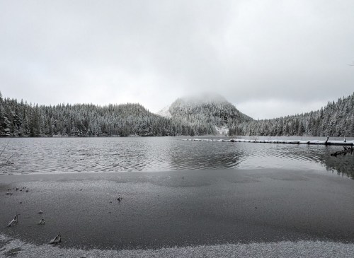 A serene winter landscape featuring a snowy lake surrounded by evergreen trees and a misty mountain in the background.