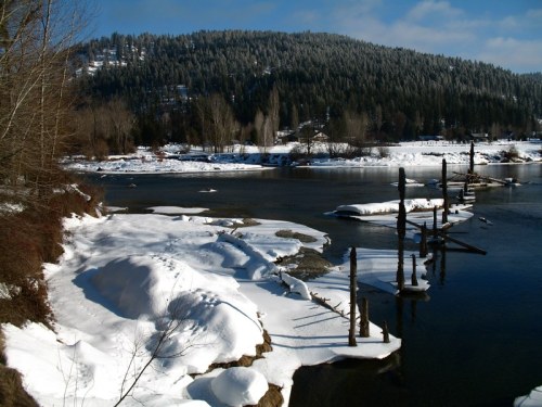 A serene winter landscape featuring a snowy riverbank, frozen water, and trees covered in snow under a clear blue sky.