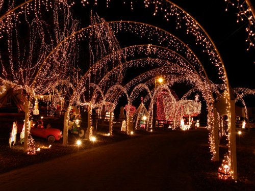 A festive pathway illuminated by colorful holiday lights and decorations, creating a magical nighttime atmosphere.