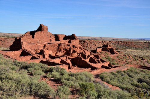 Ancient red rock ruins surrounded by green shrubs under a clear blue sky.