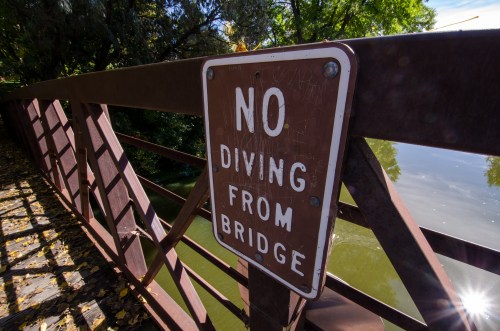 A sign on a bridge reads "No Diving From Bridge," with a view of trees and water in the background.