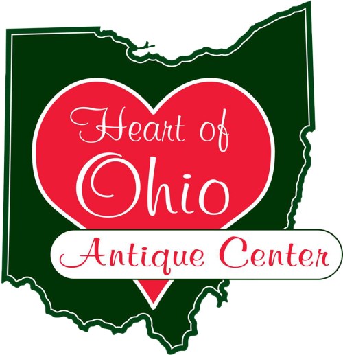Logo featuring a green outline of Ohio with a red heart and text: "Heart of Ohio Antique Center."