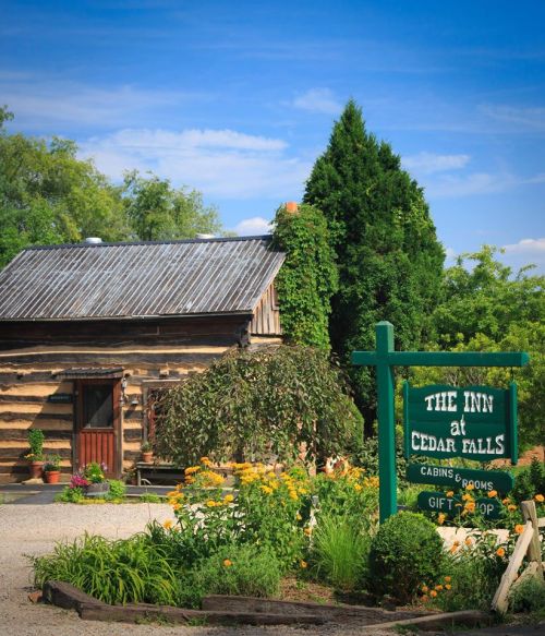 A rustic log cabin with a metal roof, surrounded by greenery and colorful flowers, featuring a sign for "The Inn at Cedar Falls."