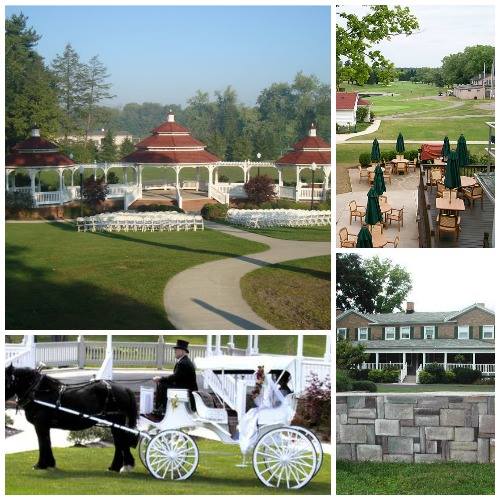 A scenic venue featuring a gazebo, outdoor seating, a horse-drawn carriage, and a charming building.
