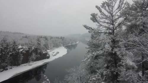 A snowy landscape featuring a river winding through trees, with a serene, overcast sky above.