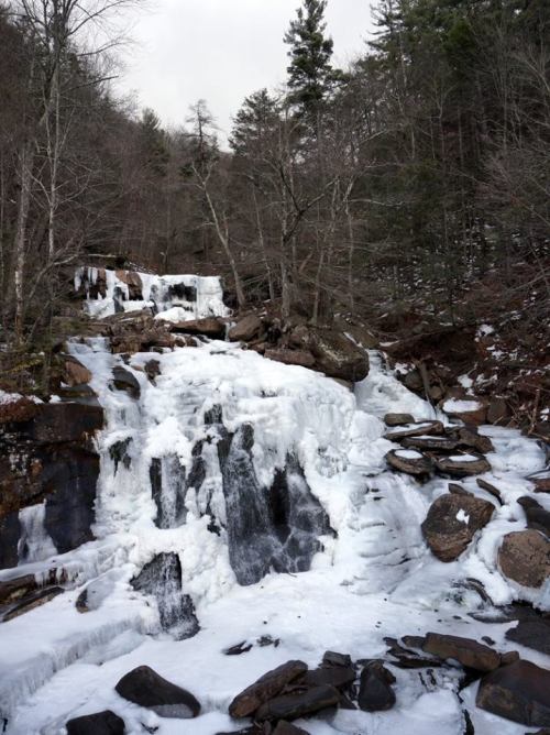 A frozen waterfall cascading over rocks, surrounded by bare trees and a winter landscape.
