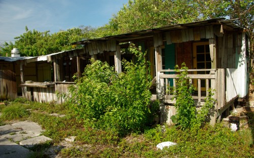 Abandoned wooden house overgrown with plants, featuring a porch and partially collapsed structure under a blue sky.