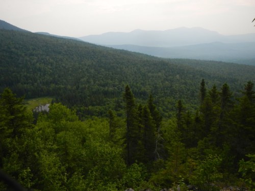 A panoramic view of lush green mountains and forests under a hazy sky, showcasing a serene natural landscape.