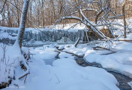 A serene winter scene featuring a frozen waterfall surrounded by snow-covered trees and a gently flowing stream.