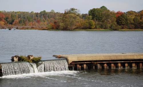 A small waterfall flows over a concrete structure into a calm lake, surrounded by trees with autumn foliage.