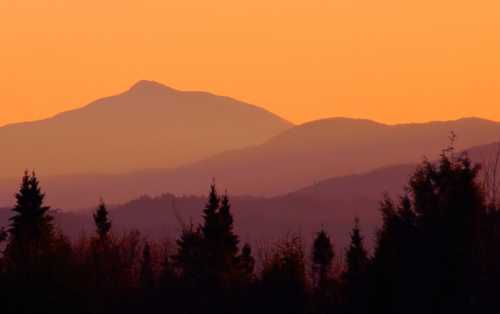 Silhouetted mountains against a vibrant orange sunset, with dark trees in the foreground.