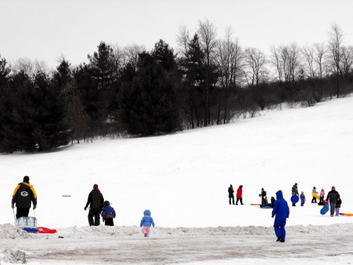 People of all ages enjoy sledding on a snowy hill, with trees in the background and a cloudy sky above.