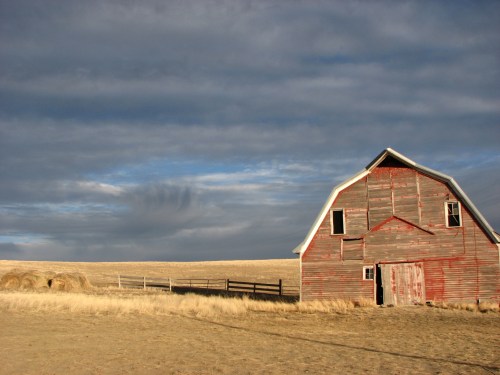 A weathered red barn stands in a grassy field under a cloudy sky, with hay bales nearby and a wooden fence in the background.