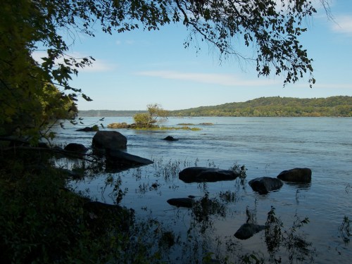A serene river scene with rocks and greenery, under a clear blue sky and distant hills.