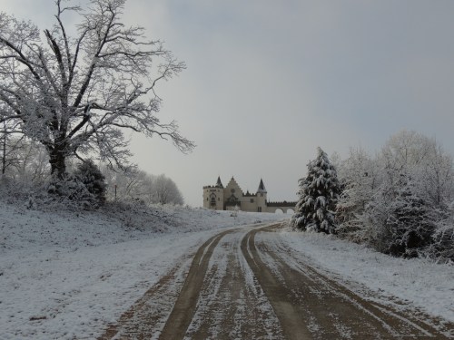 A snowy landscape with a winding dirt road leading to a castle surrounded by trees.