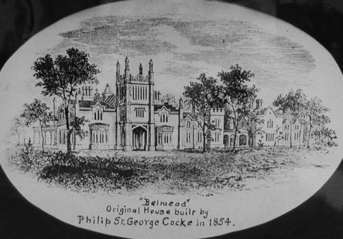 Black and white illustration of "Belmead," a house built by Philip St. George Cocke in 1854, surrounded by trees.