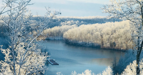 A serene winter landscape featuring a frozen lake surrounded by snow-covered trees and a clear blue sky.