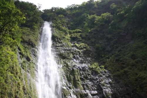 A tall waterfall cascading down a rocky cliff, surrounded by lush green vegetation.